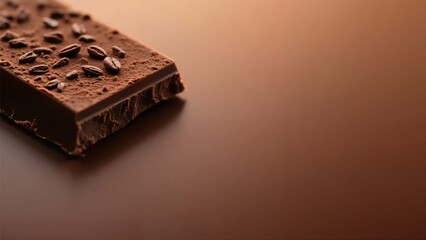 A close-up of a dark chocolate bar with embedded nuts on a warm-toned surface