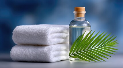Spa Still Life With White Towels Clear Oil Bottle And Green Leaf With Blue Background