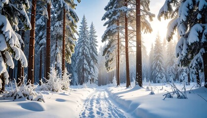 Snowy forest path through snow-covered trees toward sunlit clearing