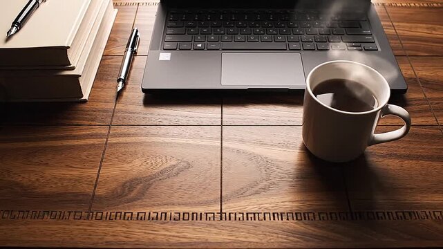 Zenith view of a study desktop grid, stationery squared to the edges in satisfying order