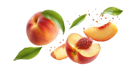 Fresh Juicy Peach with Slices and Green Leaves white background PNG image 