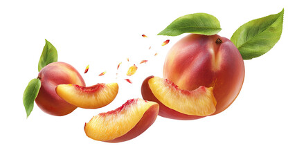 Fresh Juicy Peach with Slices and Green Leaves white background PNG image 
