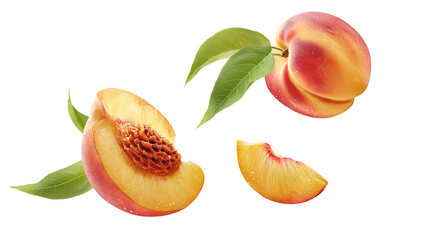 Fresh Juicy Peach with Slices and Green Leaves white background PNG image 