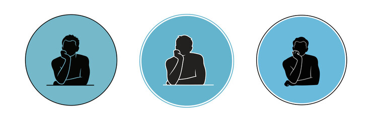 Three circular icons featuring a silhouette of a person in a thinking pose, set against a light blue background.