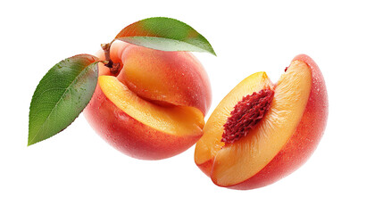 Fresh Juicy Peach with Slices and Green Leaves white background PNG image 