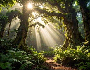 Lush forest scene with bright sunlight streaming through the trees
