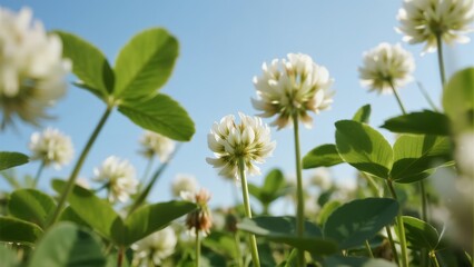 White clover flowers blooming in a green field under a clear blue sky