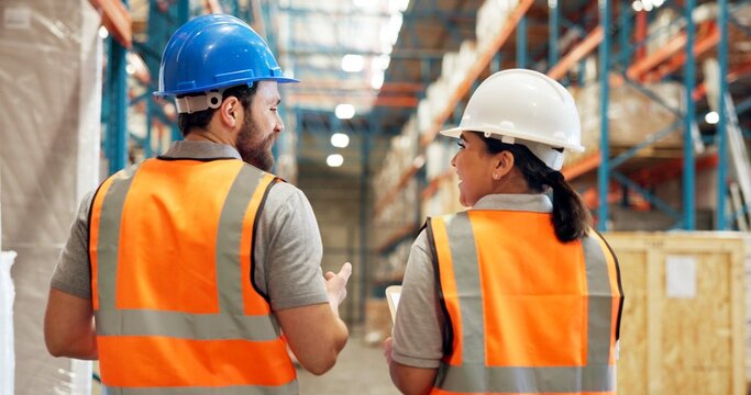 Logistics, inspection or people talk in warehouse for inventory check, shipping schedule or distribution. Supply chain, storage quality control or workers speaking with agenda, monitor export or back