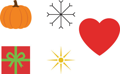 Festive Seasonal Icons Collection: Pumpkin Snowflake Gift Sun Heart Flat Vector Illustrations for Holiday and Love Themes