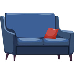 A pixel art navy blue sofa with a single red cushion on its right side isolated on a transparent background featuring a simple modern furniture design
