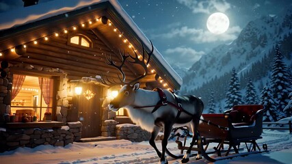 Moonlit snowy woodland scene featuring a cozy log cabin and two deer near a sleigh in a tranquil moonlit setting - Powered by Adobe