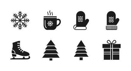 Winter and Christmas themed icons including snowflake, hot drink, mittens, ice skate, Christmas trees, and a gift box.