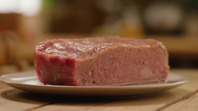 A close-up shot of a rectangular piece of meat served on a white plate on a wooden table Stock Video