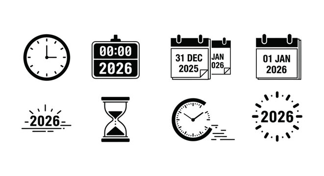 Set of 2026 New Year countdown and time related icons.
