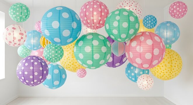 Colorful polka dot paper lanterns hanging from ceiling decoration element with soft lighting for birthday celebration anniversary or interior design studio