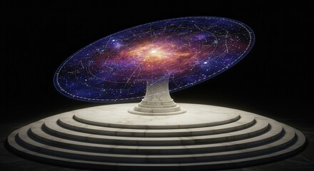 Ornate celestial disc displaying a galaxy and star chart rests upon a tiered marble pedestal
