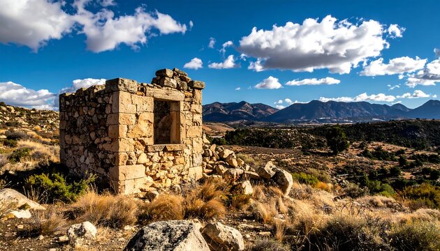 A stone ruin sits against a backdrop of mountains and a cloudy sky