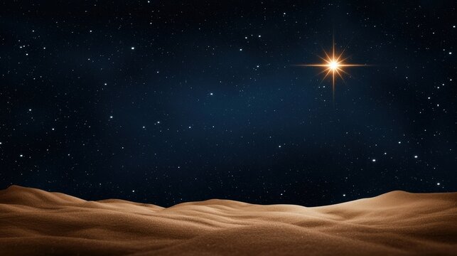 star shines brightly over a serene desert landscape, with soft sand dunes silhouetted against a vast night sky filled with twinkling stars.