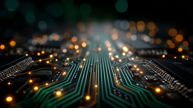 Digital Pathways: An artistic rendering of a circuit board pulses with luminous energy, depicting the intricate network of digital pathways that power the modern world.