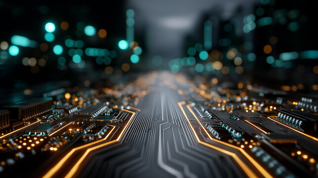 Circuitry Metropolis: An intricate network of circuitry forming a high-tech cityscape, evoking a sense of technological advancement, innovation, and futuristic design. 