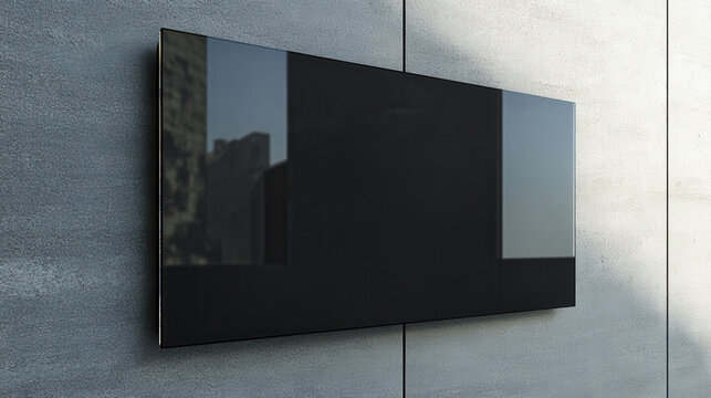 Modern dark glass plaque mounted on textured concrete wall with subtle reflections