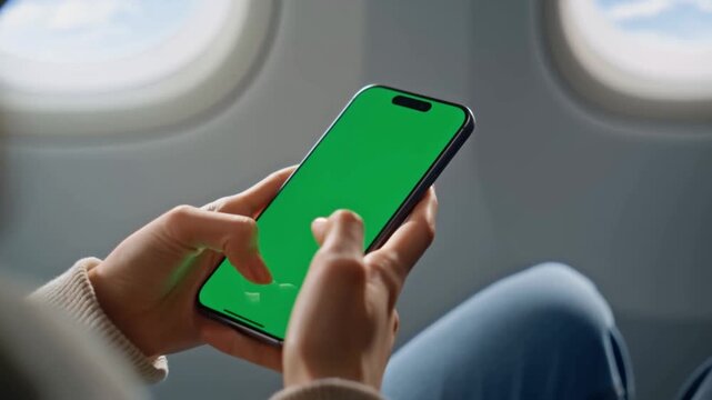Close-up of a person using a mobile phone with a green screen on an airplane Stock Video - Powered by Adobe