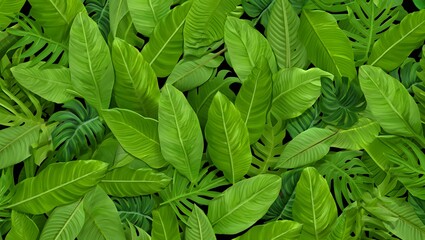 Lush green tropical foliage background with various leaf textures