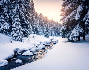 Snowy forest scene with a stream flowing through, sunset lighting
