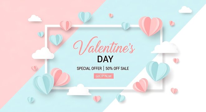 Valentines day sale banner with paper hearts and clouds on pastel background