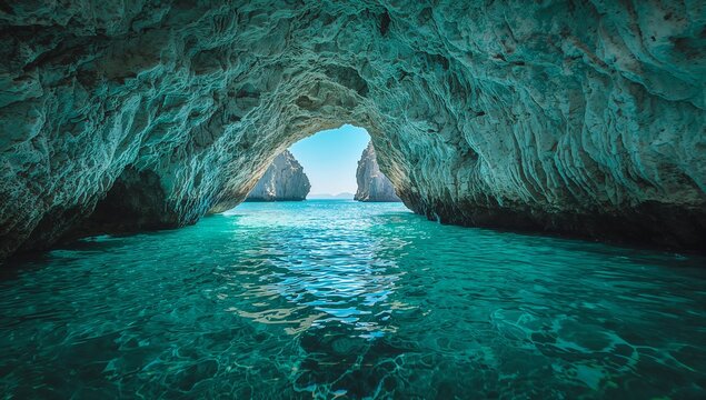 Explore breathtaking turquoise waters emerging from a majestic sea cave, revealing dramatic cliffs and endless ocean horizons, promising adventure and serenity.