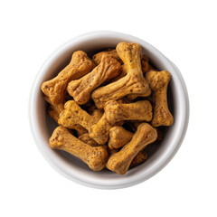 Fototapeta premium Bone shaped dog treats in white bowl isolated on a transparent background biscuit