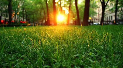 blurred. Tranquil park at sunset with warm golden hues, creating a peaceful natural landscape. inspiring travel planning, travel magazines, designed for travel destination branding.