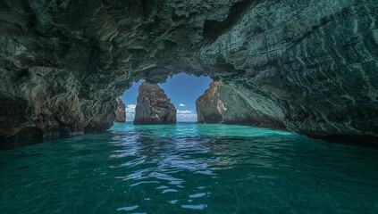 Crystal clear turquoise ocean water flows through a majestic sea cave revealing dramatic rock formations and a brilliant blue sky with fluffy clouds