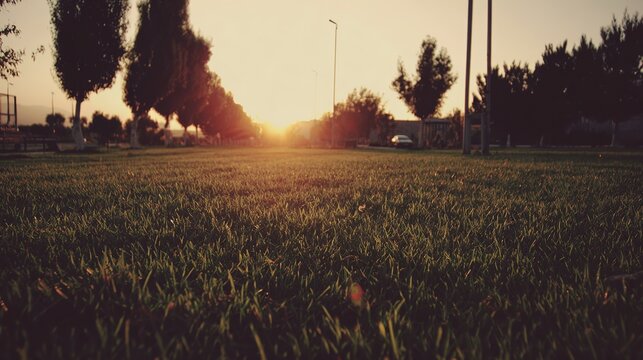 blurred. Tranquil park at sunset with warm golden hues, creating a peaceful natural landscape. inspiring travel planning, travel magazines, designed for travel destination branding.
