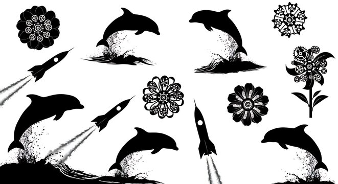 Collection of Silhouettes Featuring Dolphins, Rockets, and Floral Designs.