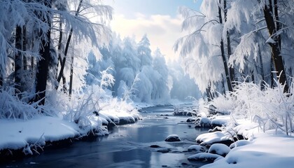 Snowy forest scene with a clear stream winding through the trees