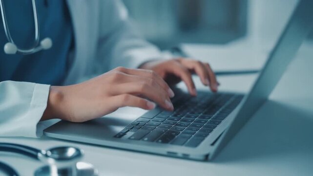 Medical professional efficiently utilizing digital technology on a laptop, focusing on patient information management and the advancement of healthcare through electronic records