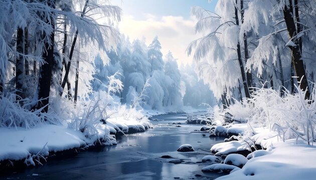 Snowy forest scene with a clear stream winding through the trees - Powered by Adobe