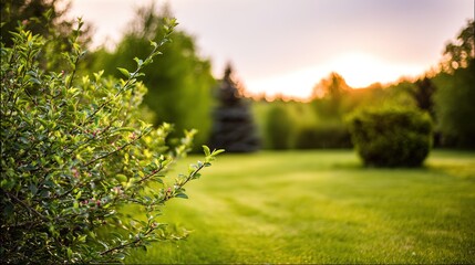 blurred. Tranquil park at sunset with warm golden hues, creating a peaceful natural landscape. inspiring travel planning, travel magazines, designed for travel destination branding.