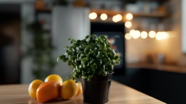Modern kitchen counter with fruits plant and smart appliance screen