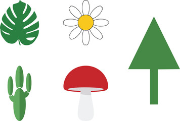 Flat Vector Nature Plant Icons Set: Cactus Mushroom Daisy Pine Tree Illustrations for Graphic Design and Web Use