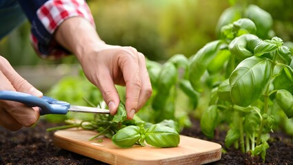 Gardener harvesting fresh basil leaves with scissors in a garden