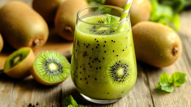 Smoothie with fresh green kiwi fruits