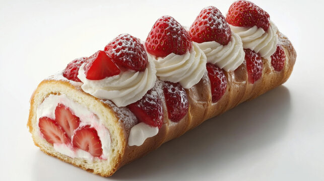 Delicious strawberry swiss roll cake with whipped cream and fresh berries - Powered by Adobe