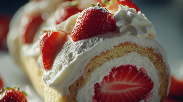 Delicious strawberry swiss roll cake with fresh cream and berries close up
