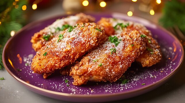 Snowy cheese fried chicken on a purple plate