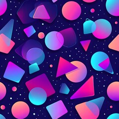 Vibrant retro geometric shapes pattern with neon gradients on dark background