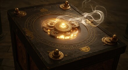 Fototapeta premium Intricate brass clockwork mechanism glows intensely from within a dark, antique wooden box