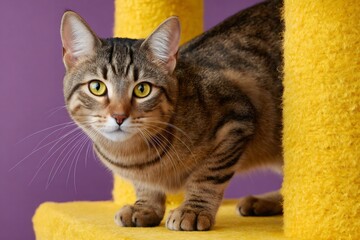 Tabby cat curiously looking from yellow cat tree