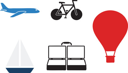 Adventure Travel Icons Set: Airplane Bicycle Sailboat Laptop Hot Air Balloon Flat Vector Graphics for Tourism and Journey Designs